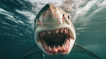 A breathtaking underwater close-up of a great white shark's teeth, slightly exposed.の素材
