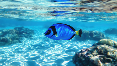 A breathtaking shot of a neon blue tang fish swimming gracefully through crystal-clear tropical waters.の素材