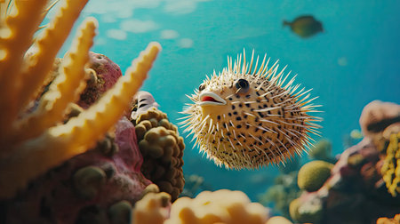 A bold-looking pufferfish floating near a coral reef, its spiky body partially expanded.の素材