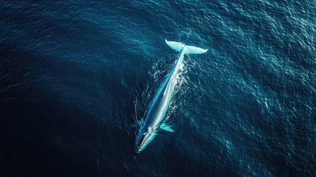 A breathtaking aerial view of a blue whale surfacing for air, creating ripples across the ocean.の素材