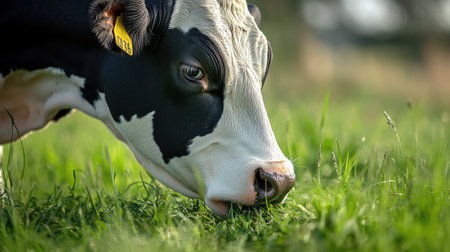 A close-up of a Holstein cow chewing fresh grass, its black-and-white fur contrasting with the vibrant green meadow.の素材