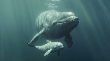 A baby whale playfully swimming beside its massive mother, a tender bond in the open sea.の素材
