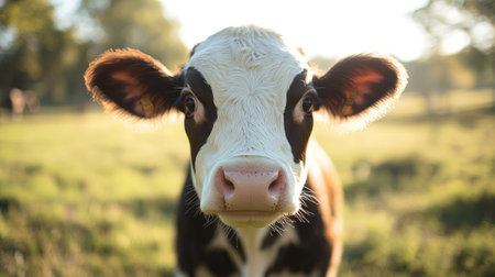 A close-up of a dairy cow's face with large, expressive eyes and a pink nose, standing in a sunlit field.の素材