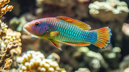 A colorful wrasse fish darting through the coral, its scales displaying a rainbow of hues.の素材