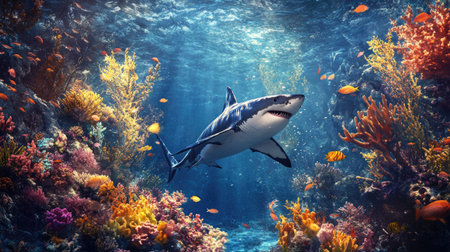 A breathtaking underwater shot of a great white shark swimming past a school of fish near a coral reef.の素材