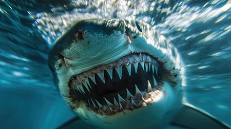 A breathtaking underwater close-up of a great white shark's teeth, slightly exposed.の素材