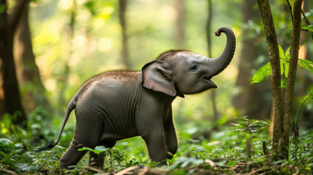 A baby elephant playfully following its mother through the jungle, its tiny trunk reaching up to touch her tail.の素材