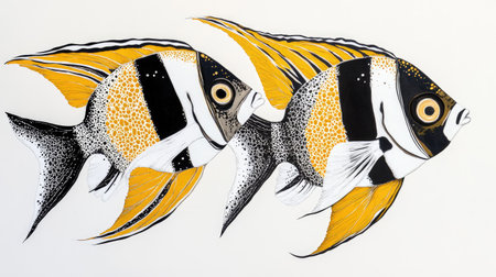 A beautiful pair of Moorish idol fish with bold black, white, and yellow patterns swimming side by side.の素材