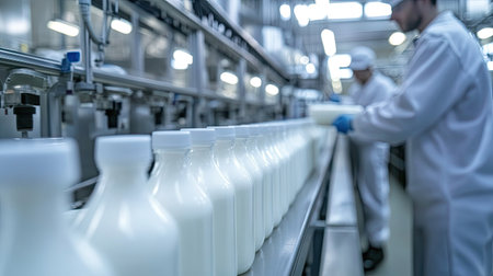 A dairy processing facility with workers in white uniforms inspecting fresh milk being bottled.の素材
