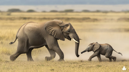 A baby elephant playfully running beside its mother in the grasslands, kicking up dust as they move.の素材