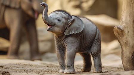 A baby elephant trying to mimic the older elephants, lifting its tiny trunk in the air.の素材