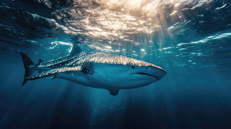 A breathtaking image of a whale shark peacefully swimming through plankton-rich waters.の素材