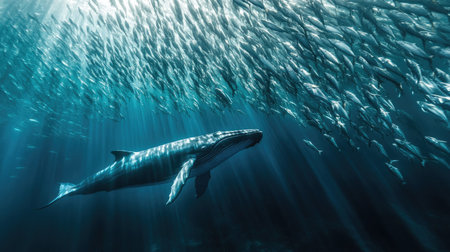 A blue whale swimming near a school of fish, highlighting its gentle and non-predatory nature.の素材