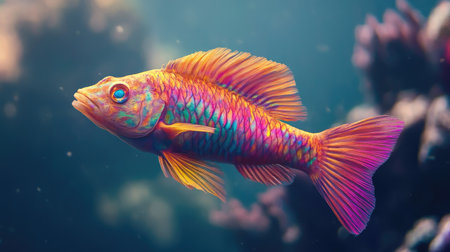 A beautiful wrasse fish with rainbow-colored scales darting playfully through the water.の素材