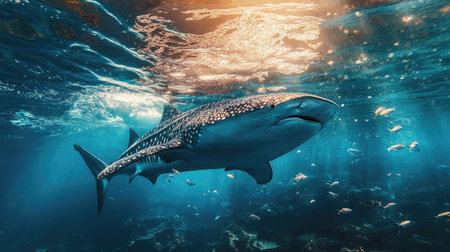 A breathtaking image of a whale shark peacefully swimming through plankton-rich waters.の素材