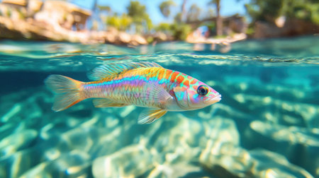 A beautiful wrasse fish with vibrant rainbow patterns swimming in an underwater paradise.の素材