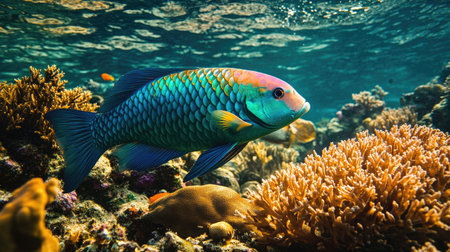 A beautiful parrotfish grazing on coral, its bright blue and green scales shimmering under the sunlight.の素材