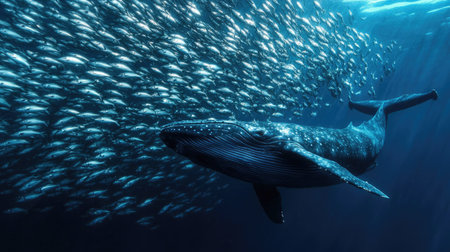 A blue whale swimming near a school of fish, highlighting its gentle and non-predatory nature.の素材