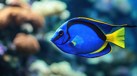 A breathtaking shot of a neon blue tang fish swimming gracefully through crystal-clear tropical waters.の素材