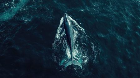 A breathtaking aerial view of a blue whale surfacing for air, creating ripples across the ocean.の素材
