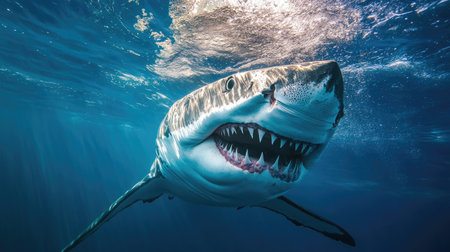 A breathtaking underwater close-up of a great white shark's teeth, slightly exposed.の素材