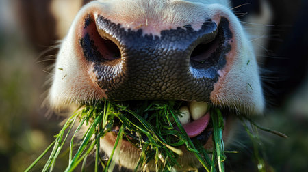 A close-up of a cow's mouth chewing fresh grass, with tiny details of its tongue, teeth, and saliva captured in sharp focus.の素材