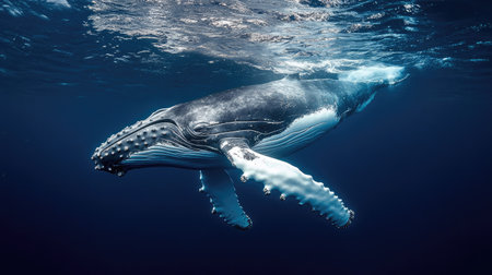 A breathtaking underwater shot of a humpback whale gliding gracefully through the deep blue sea.の素材