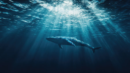 A breathtaking close-up of a blue whale gliding beneath the ocean surface, sunlight filtering through the water.の素材