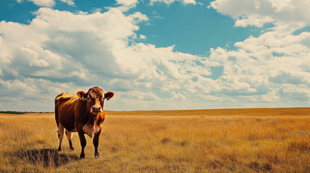 A brown cow standing alone in a vast field, calmly munching on grass as the wind blows through its fur.の素材