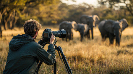 A behind-the-scenes shot of a photographer adjusting camera settings while tracking elephants on safari.の素材