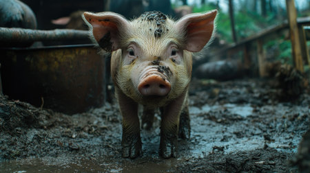 A close-up of a piglet standing in a muddy pen, its snout covered in dirt as it curiously looks at the camera.の素材