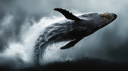 A high-speed capture of a whale mid-air, with droplets of water frozen in motion around its giant body.の素材