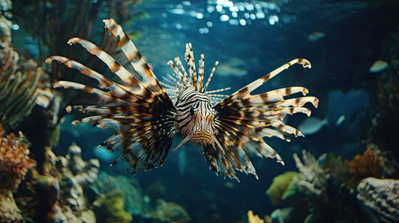 A dramatic underwater shot of a lionfish with its long, spiky fins spreading gracefully.の素材