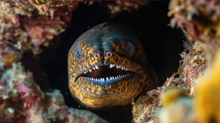 A dramatic shot of a moray eel peeking out from its rocky hiding place, its sharp teeth visible.の素材