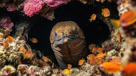 A dramatic underwater shot of a moray eel peeking out from a coral cave, surrounded by small fish.の素材