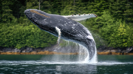 A humpback whale twisting mid-air during a powerful breach, with water droplets sparkling in the sunlight.の素材
