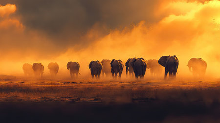 A group of elephants walking in a line across the African plains, kicking up dust as they move together.の素材