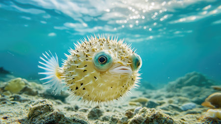 A fascinating view of a pufferfish floating near the ocean floor, its spiky body partially expanded.の素材