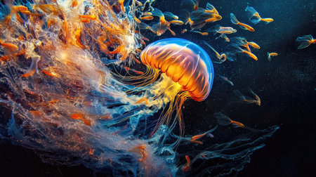 A dramatic shot of a bioluminescent jellyfish surrounded by tiny glowing fish in the deep sea.の素材