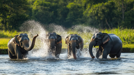 A group of elephants cooling off in a river, playfully spraying water with their trunks.の素材