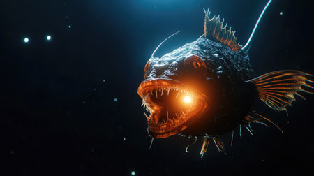 A deep-sea anglerfish glowing in the dark ocean depths, its bioluminescent lure attracting prey.の素材