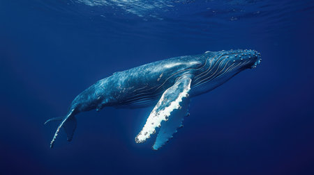 A majestic humpback whale swimming gracefully through the deep blue ocean, its massive body moving effortlessly.の素材