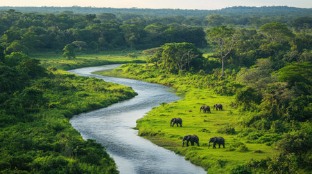 A group of elephants grazing on the banks of a winding river, with a lush jungle in the background.の素材