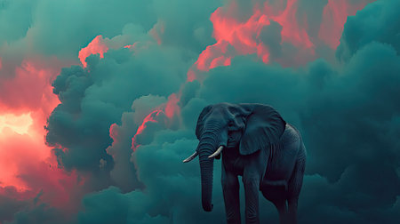 A dramatic portrait of an elephant standing against a stormy sky, with dark clouds rolling in.の素材