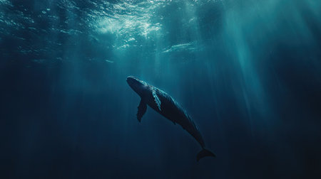 A majestic blue whale swimming gracefully in the deep blue ocean, its massive body moving effortlessly.の素材