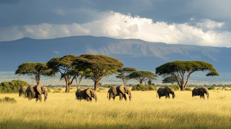 A group of elephants grazing peacefully in the grasslands, surrounded by acacia trees and distant mountains.の素材