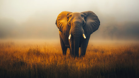 A massive elephant with long tusks standing alone on a foggy morning, surrounded by the untouched beauty of nature.の素材