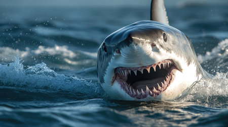 A dramatic close-up of a great white shark's dorsal fin cutting through the water.の素材