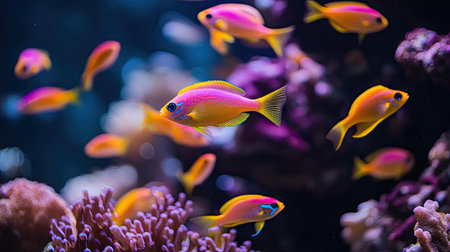 A lively underwater scene with neon-colored anthias fish swarming around a coral reef.の素材