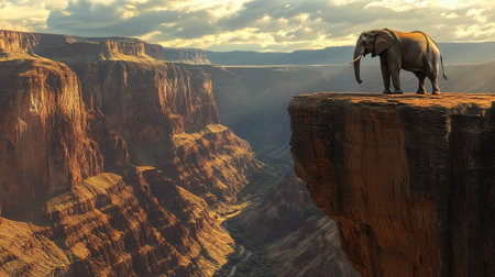 A lone elephant standing at the edge of a cliff, overlooking a breathtaking canyon below.の素材